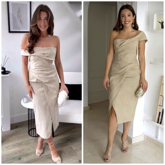 Zara Midi Slip Dress Womens Small Asymmetrical Taupe Neutral Sheath 3265/332 - Picture 7 of 8